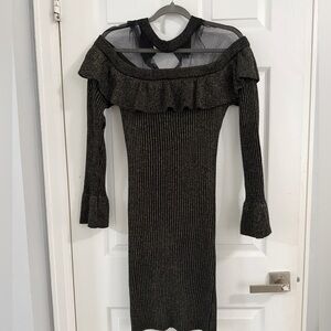 VENUS Black Long Sleeve Dress with Sheer Ruffle